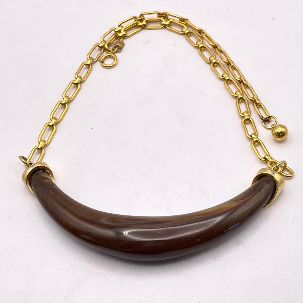 Vintage Signed Celebrity NY Brown Lucite Horn Bib Necklace Gold Tone Accents - Picture 11 of 14